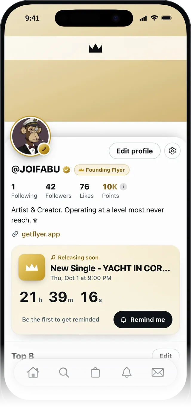 A FLY(er) profile with a Founding Flyer badge, followers, likes, points and a release countdown